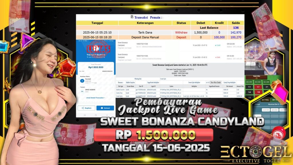 BUKTI JACKPOT LIVE GAME SWEET BONANZA CANDYLAND TERPERCAYA DI INDONESIA TGL 15-06-2025